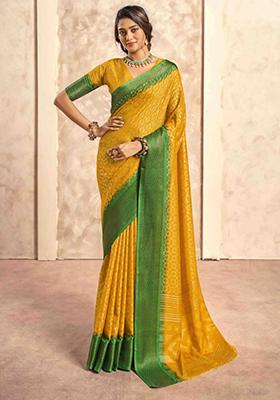 Yellow Foil Printed Silk Blend Saree Set
