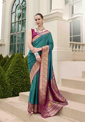 Turquoise Blue Embroidered Silk Blend Saree Set