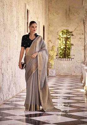 Grey Zari Woven Tissue Silk Saree Set