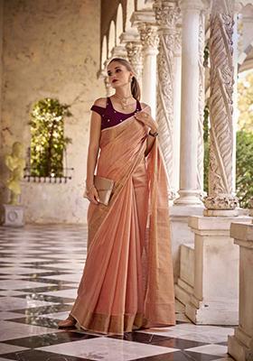 Peach Zari Woven Tissue Silk Saree Set