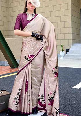 Off White Print Satin Saree Set