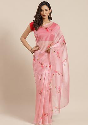 Pink Printed Organza Saree