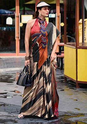 Black-White Print Satin Saree Set