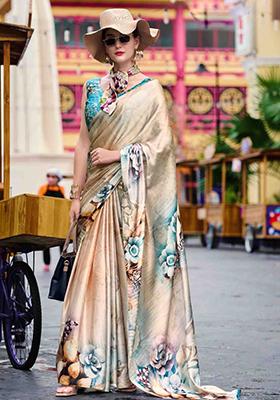 Cream Print Satin Saree Set