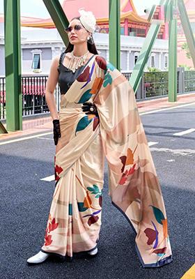 Cream Print Satin Saree Set