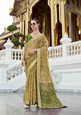 Mustard Yellow Zari Woven Tissue Silk Saree Set