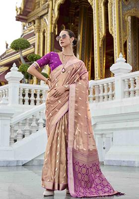 Peach Zari Woven Tissue Silk Saree Set