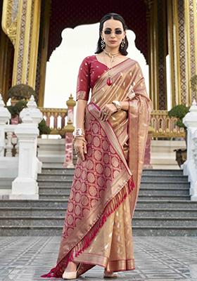 Rust Brown Zari Woven Tissue Silk Saree Set