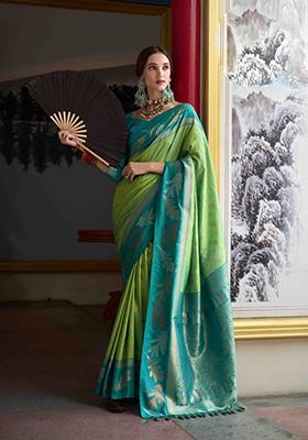 Pista Green Embroidered Silk Blend Saree Set