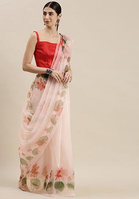 Peach Printed Organza Saree
