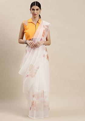 White Printed Organza Saree