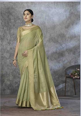 Pista Green Zari Woven Cotton Silk Saree Set