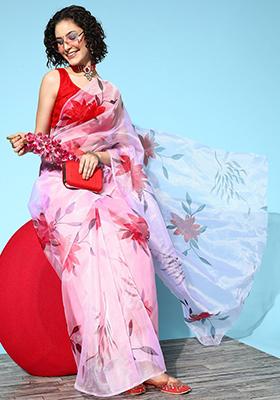 Pink Printed Organza Saree