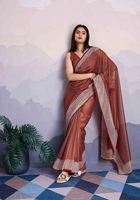 Brown Embroidered Net Saree Set