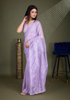 Lavender Embroidered Net Saree Set