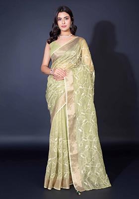 Pista Green Embroidered Cotton Saree Set