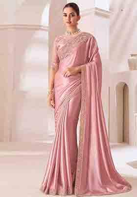 Peach Embroidered Georgette Saree Set