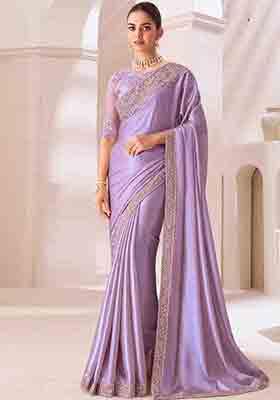 Lavender Embroidered Georgette Saree Set
