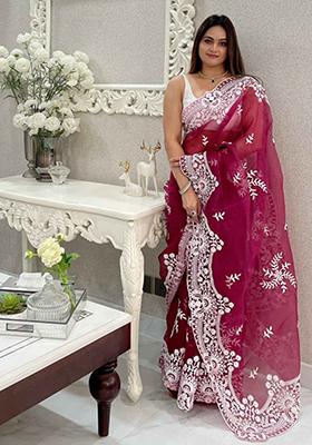Rani Pink Embroidered Organza Saree Set