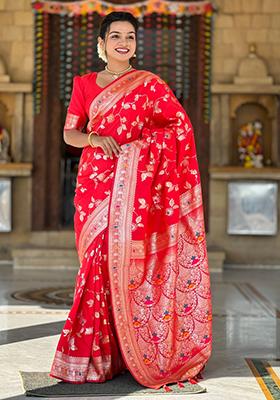 Red Weaving Silk Saree Set