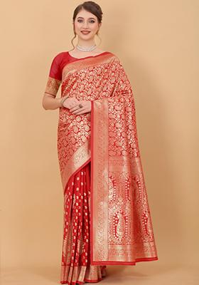 Red Weaving Silk Saree Set