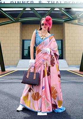Baby Pink Print Satin Saree