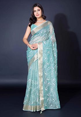 Sky Blue Embroidered Cotton Saree
