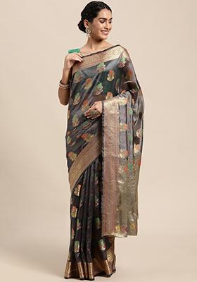 Grey Woven Organza Saree