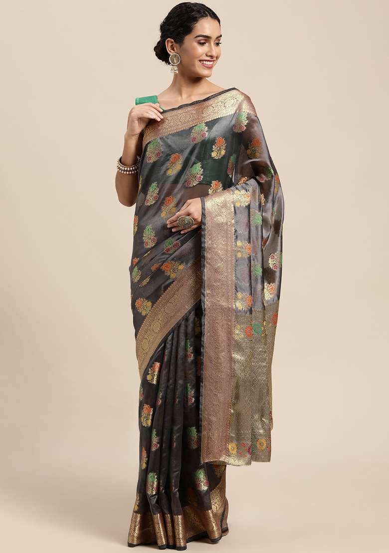 Grey Woven Organza Saree for Diwali | Wedding & Festive Wear - Indya