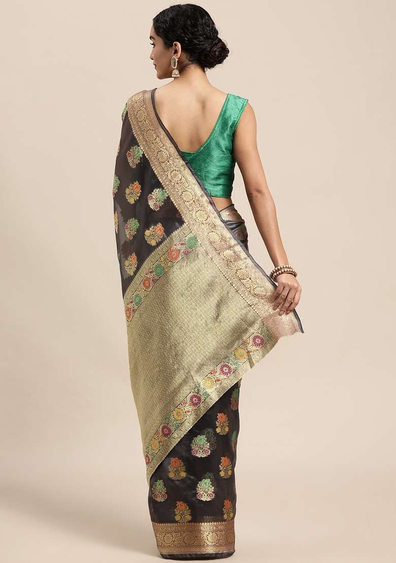 Grey Woven Organza Saree for Diwali | Wedding & Festive Wear - Indya