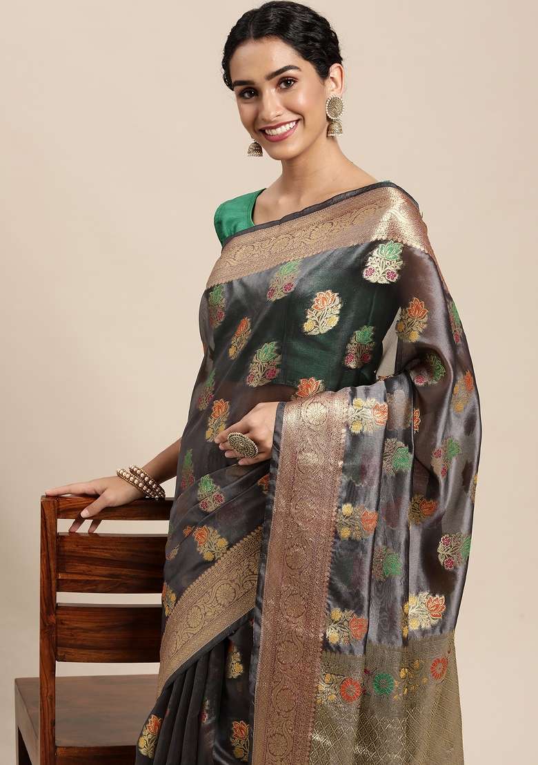 Grey Woven Organza Saree for Diwali | Wedding & Festive Wear - Indya
