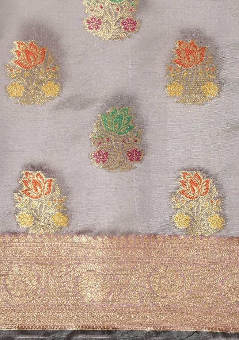 Grey Woven Organza Saree for Diwali | Wedding & Festive Wear - Indya