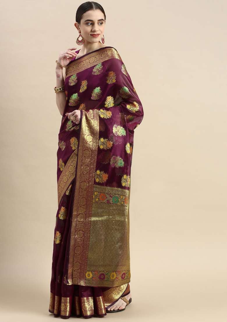 Purple Woven Organza Saree for Diwali and Festive Wear - Indya