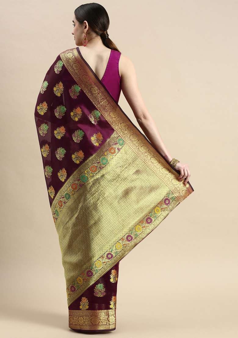 Purple Woven Organza Saree for Diwali and Festive Wear - Indya
