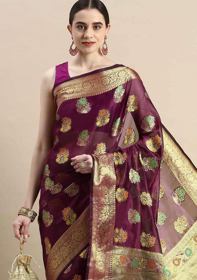 Purple Woven Organza Saree for Diwali and Festive Wear - Indya