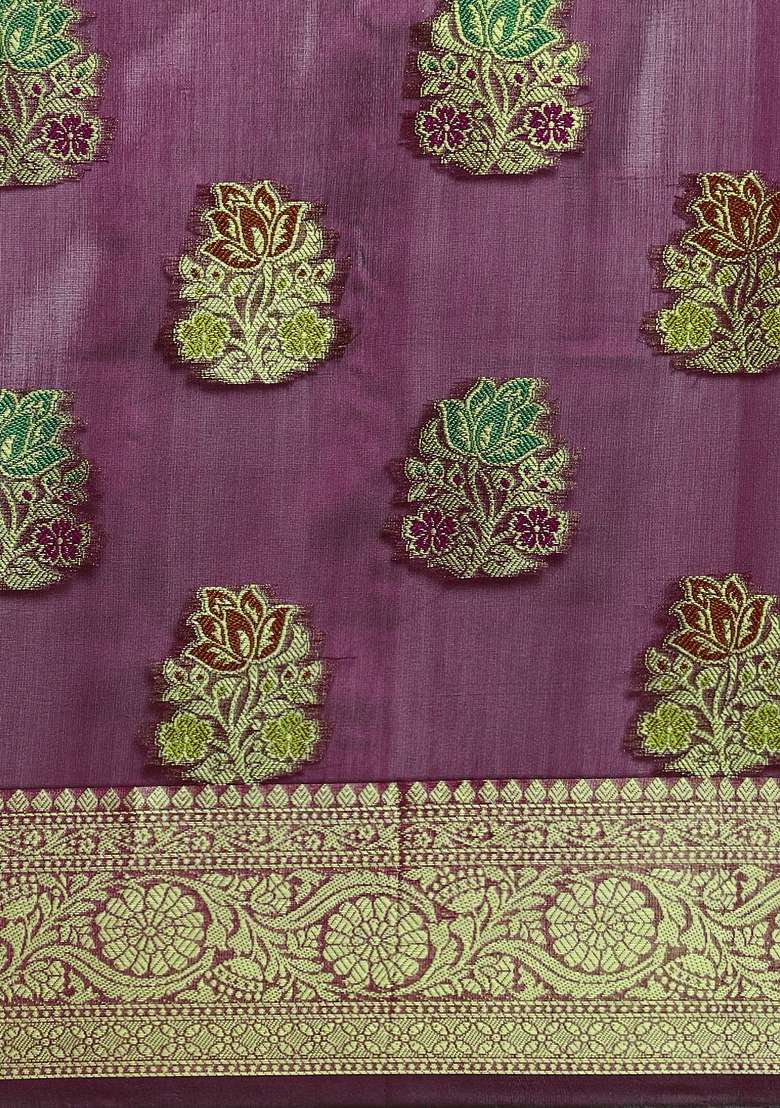 Purple Woven Organza Saree for Diwali and Festive Wear - Indya