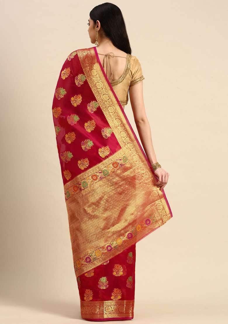 Red Woven Organza Saree for Diwali | Wedding & Festive Wear - Indya