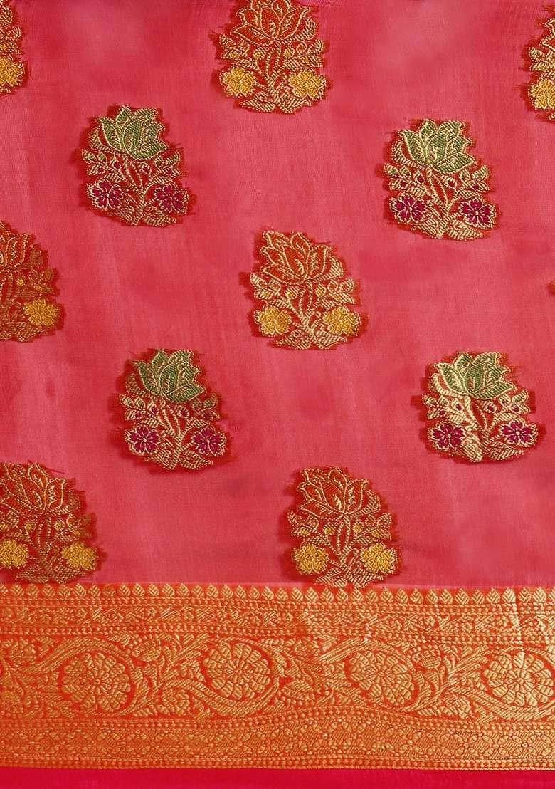 Red Woven Organza Saree for Diwali | Wedding & Festive Wear - Indya
