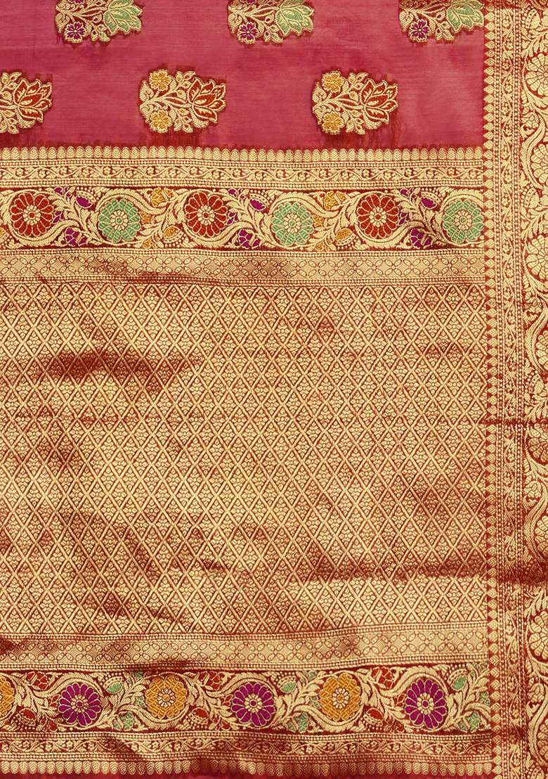 Red Woven Organza Saree for Diwali | Wedding & Festive Wear - Indya