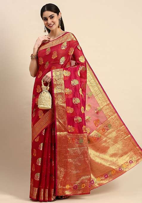 Red Woven Organza Saree for Diwali | Wedding & Festive Wear