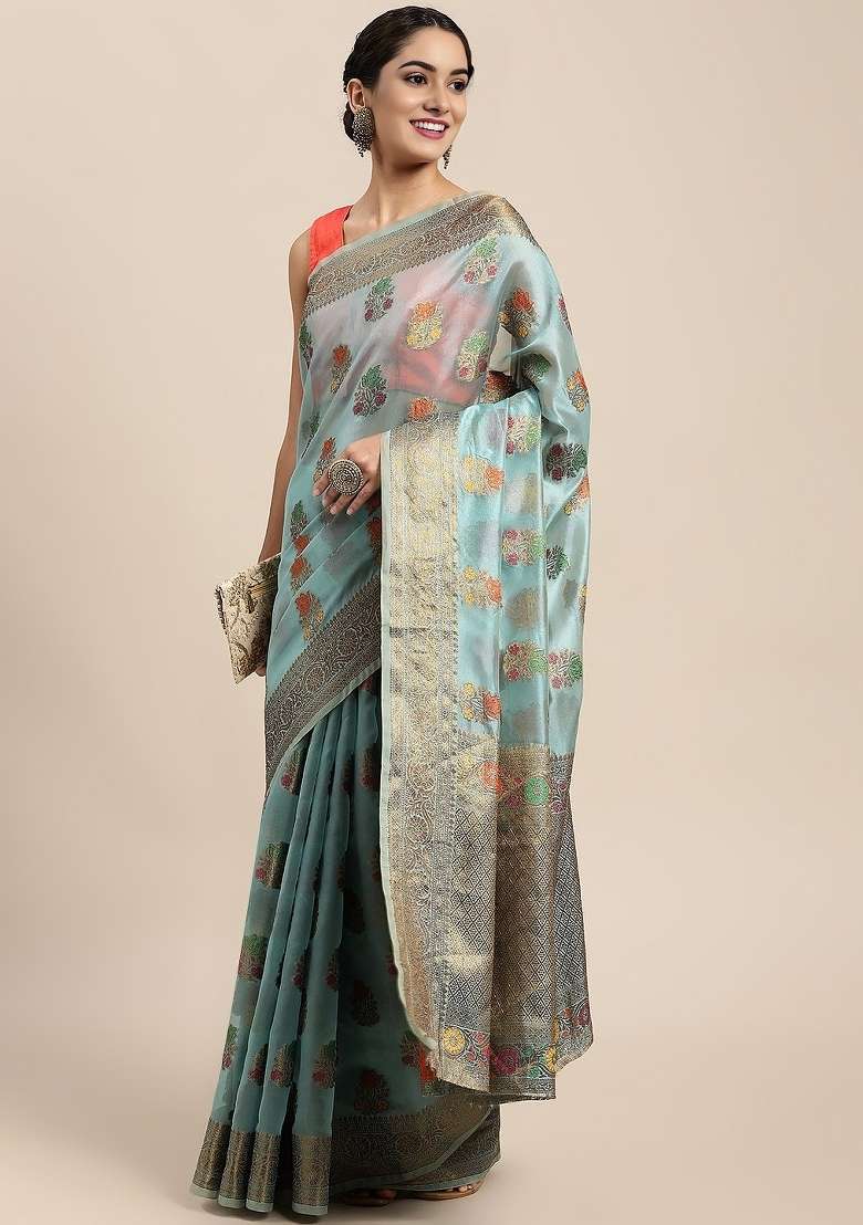 Sky Blue Woven Organza Saree for Diwali and Festive Wear - Indya