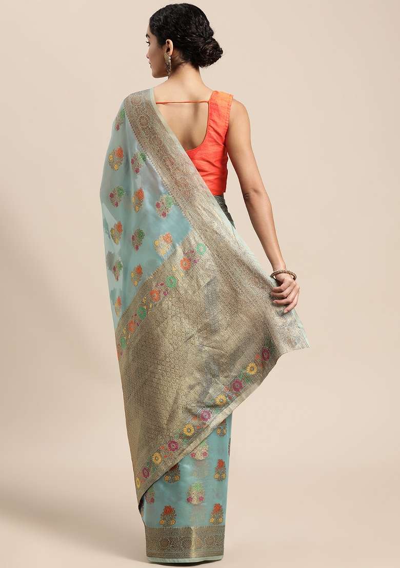 Sky Blue Woven Organza Saree for Diwali and Festive Wear - Indya