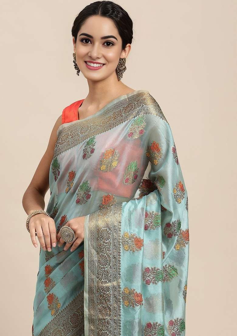 Sky Blue Woven Organza Saree for Diwali and Festive Wear - Indya
