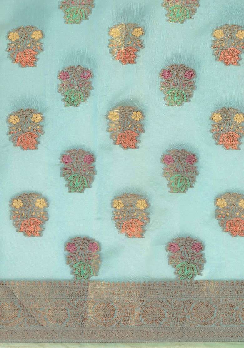 Sky Blue Woven Organza Saree for Diwali and Festive Wear - Indya