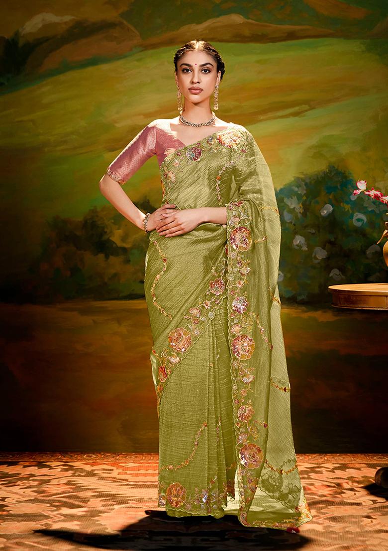 Olive Green Embroidered Tissue Saree Set
