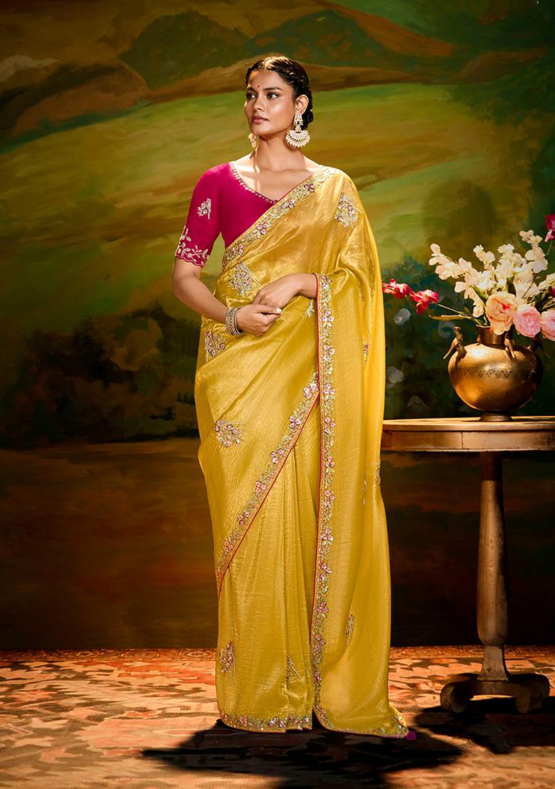 Yellow Embroidered Tissue Saree Set