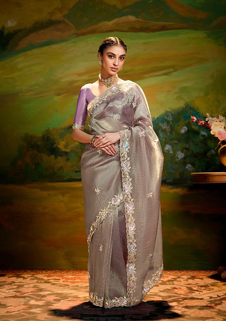 Grey Embroidered Tissue Saree Set