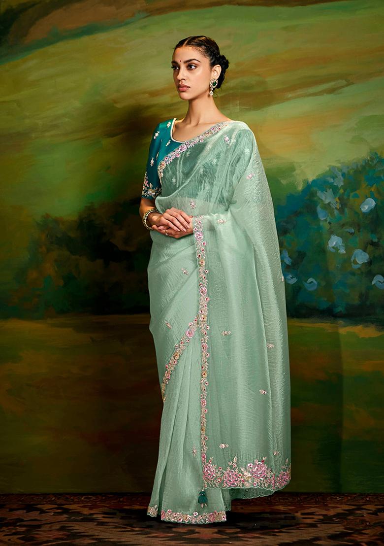 Sea Green Embroidered Tissue Saree Set