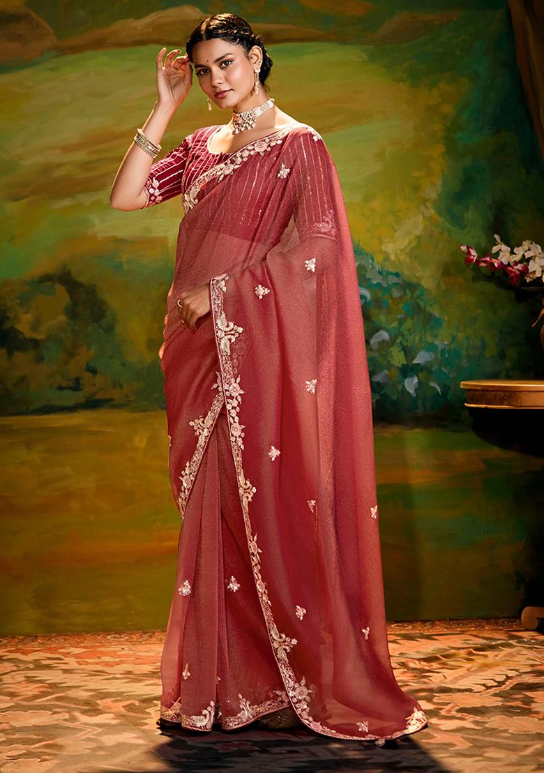Rust Brown Embroidered Tissue Saree Set