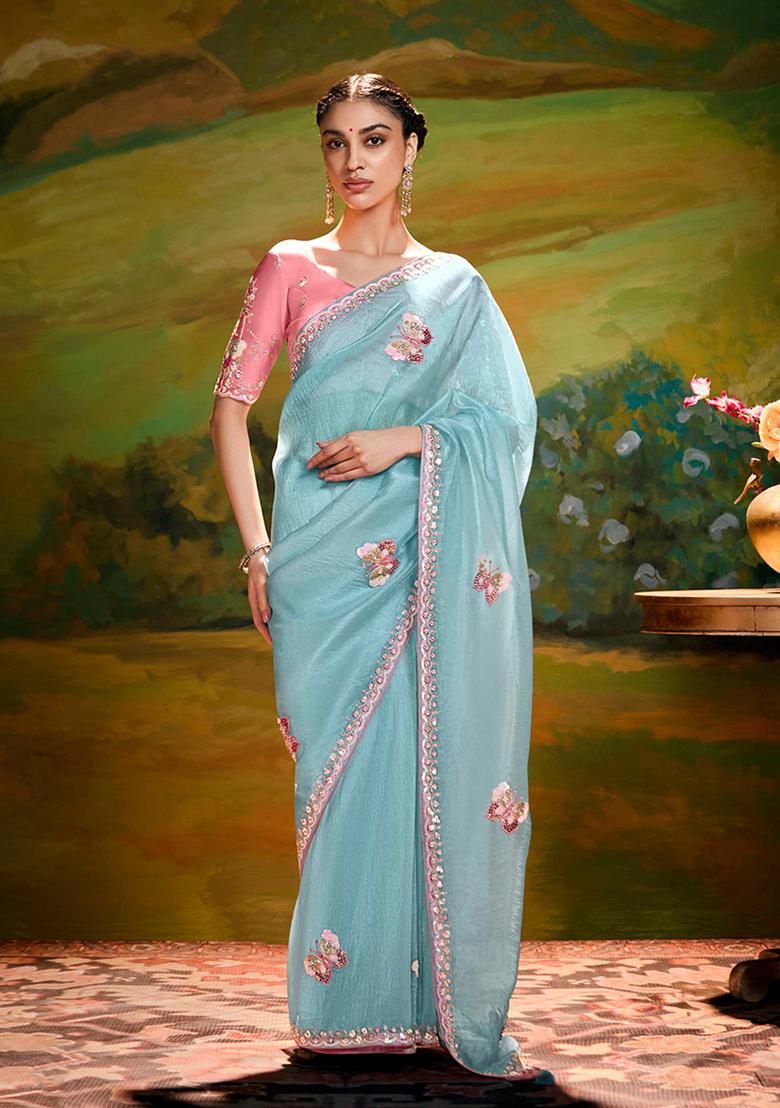 Sky Blue Embroidered Tissue Saree Set